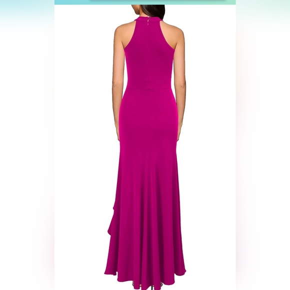 Woosea Fuschia Pink Long Maxi Dress Sleeveless Halter Deep Ruffled Side Slit LG - Picture 2 of 8